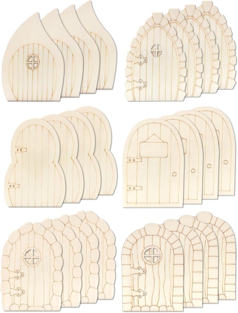 Cinvo 24 Pcs Wooden Fairy Doors Kit - Unfinished Miniature DIY Craft Doors with 6 Styles, Natural Wood Elf Door Blanks for Fairy Garden Decor, Christmas Crafts, Mini House Accessories - Image 1